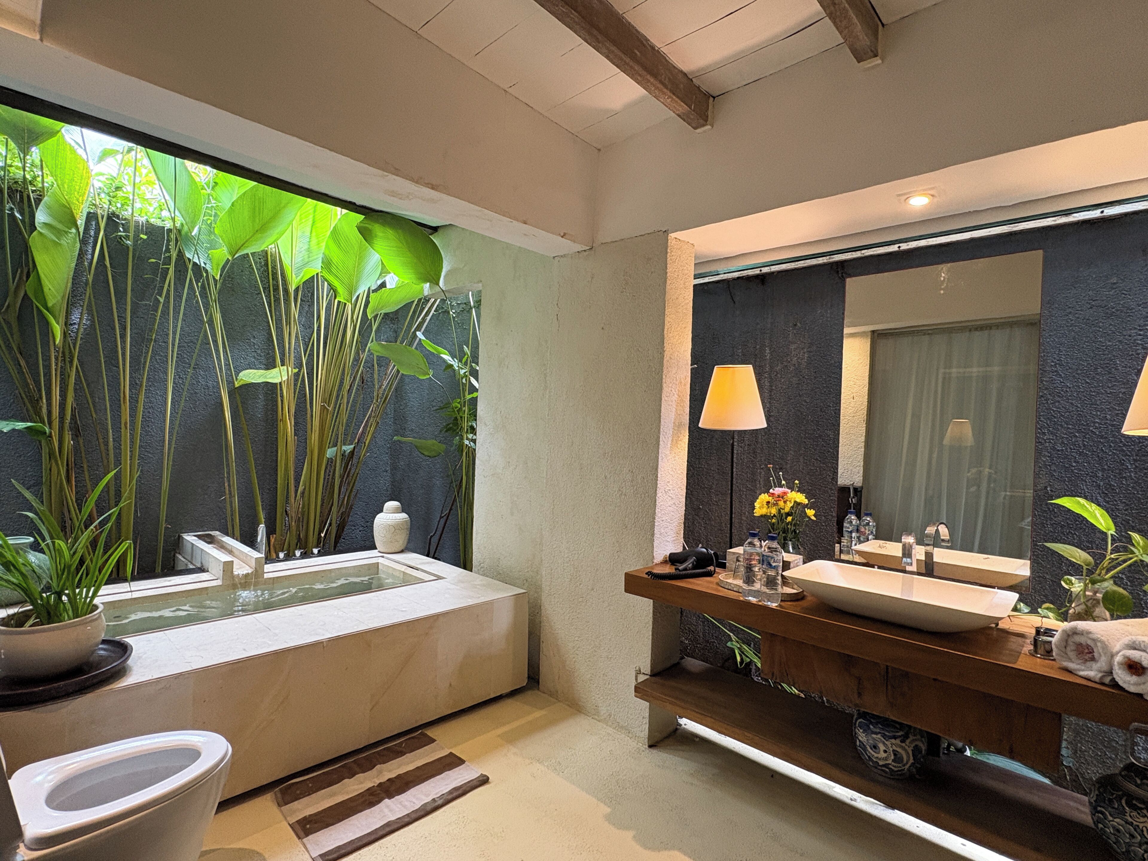 Een moderne badkamer met een ruim bad, een wastafel met spiegel en een toilet. Er staan planten en een klein fonteintje in de hoek.
