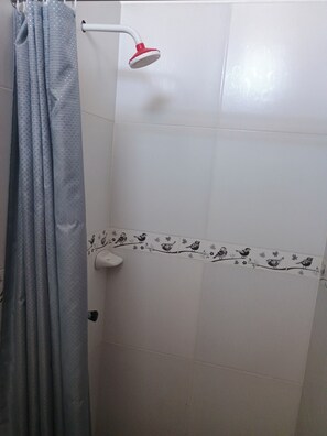 Chuveiro, toalhas de banho, sabonete, shampoo