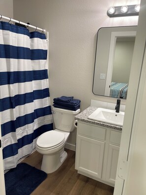 Hair dryer, towels, soap, toilet paper