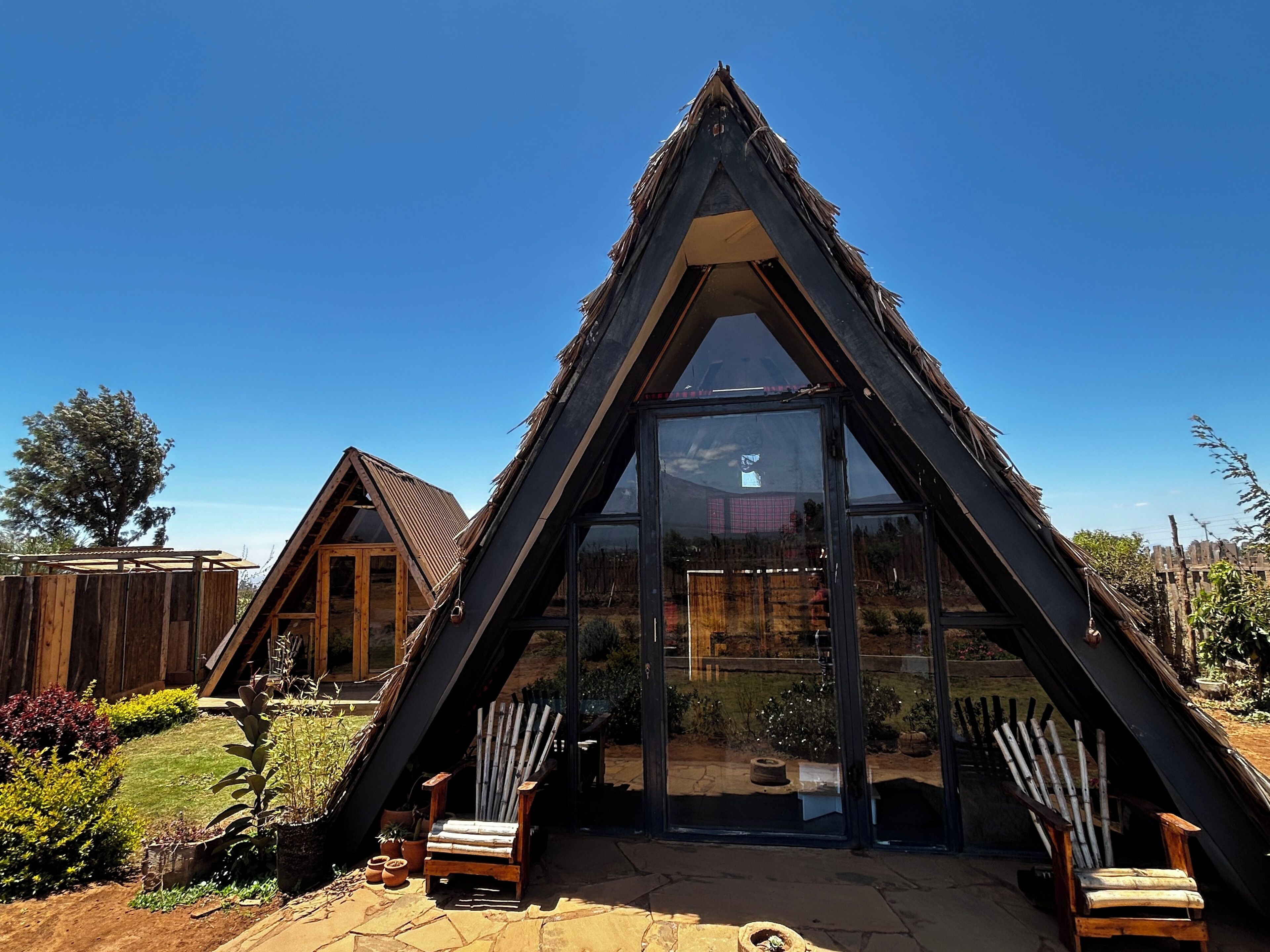 Un edificio triangolare con ingresso in vetro, rivestimento in legno e un giardino con piante in vaso e posti a sedere all'aperto.