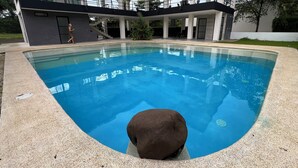 Ein modernes Gebäude mit Schwimmbad, Treppe und Glasgeländer.