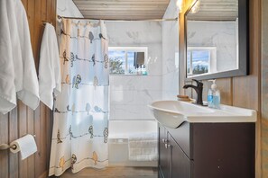 Chuveiro, secador de cabelo, toalhas de banho, sabonete