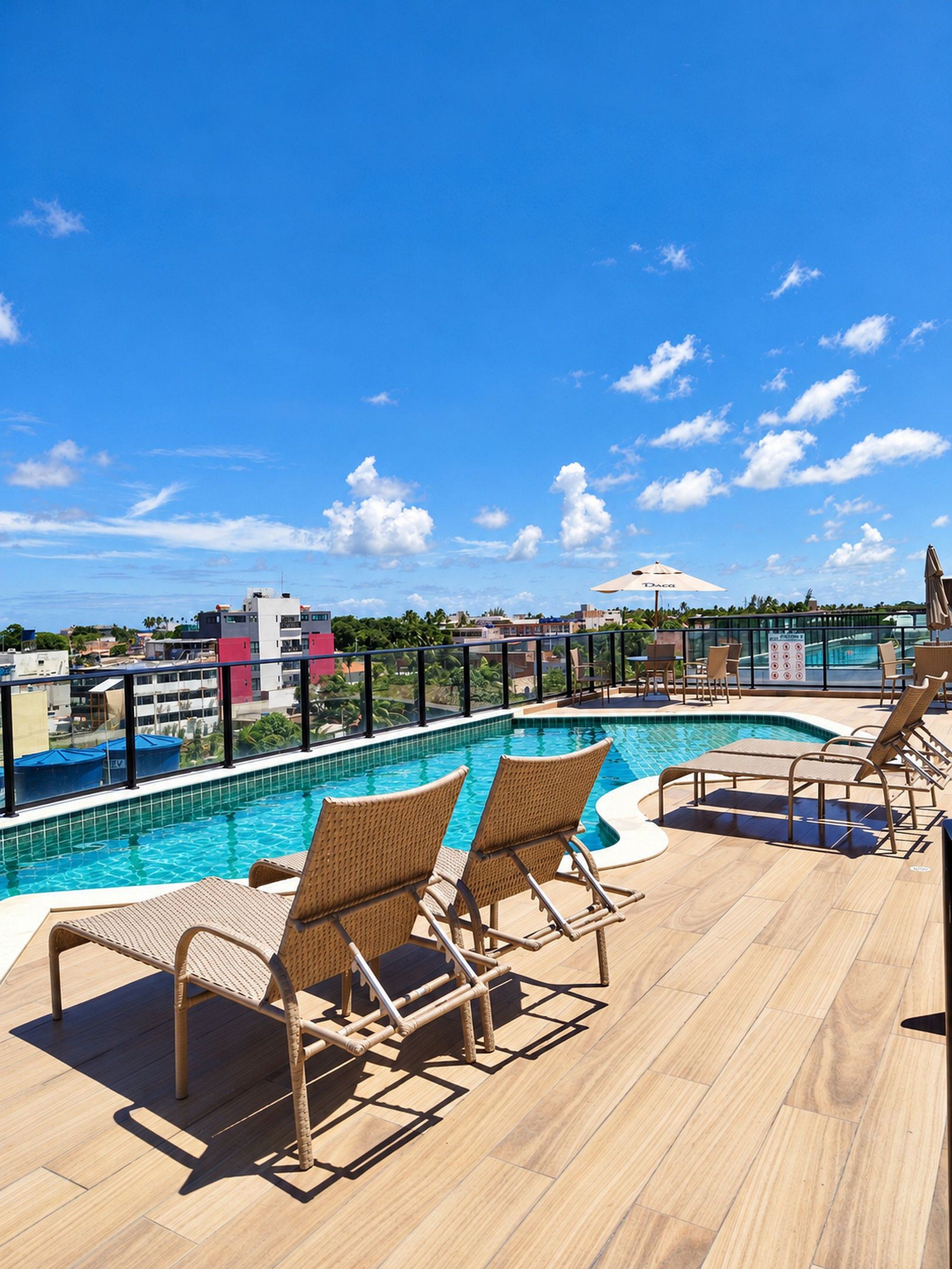 A rooftop pool area with lounge chairs and a view of the cityscape.