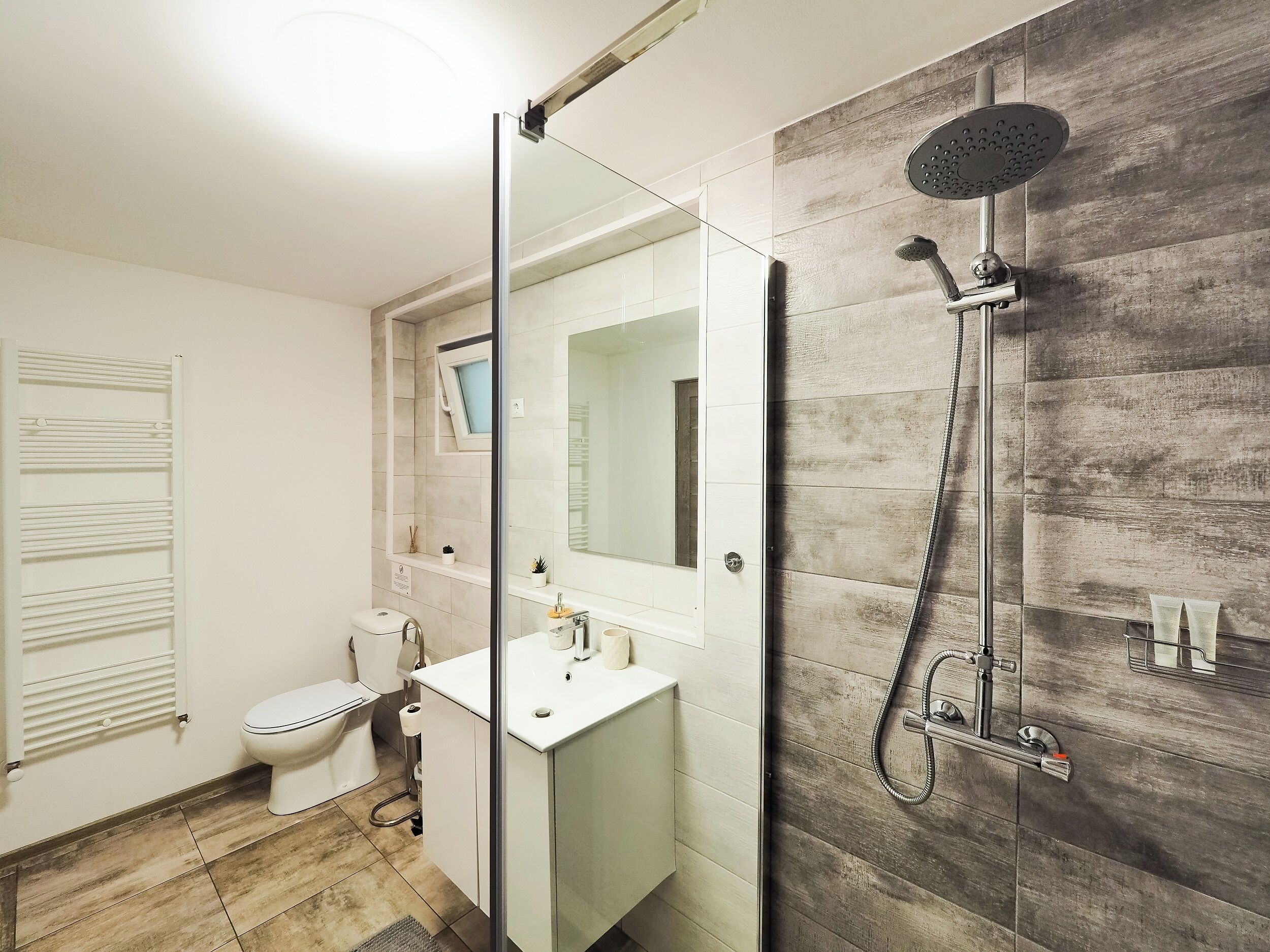 Et moderne badeværelse med bruser, toilet og vask.