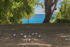 Enjoy a serene ocean view surrounded by lush greenery and a tranquil outdoor space.