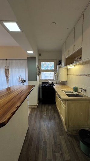 Fridge, oven, electric kettle, cookware/dishes/utensils