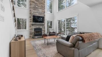 Tv, eldstad och en stereo