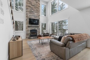 Tv, eldstad och en stereo