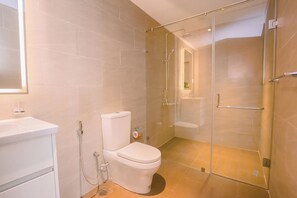 Shower, hair dryer, bidet, towels