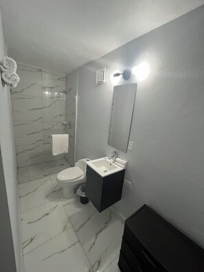 Douche, serviettes fournies, savon, papier toilette