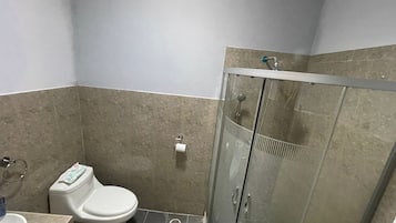 Hair dryer, towels, soap, toilet paper