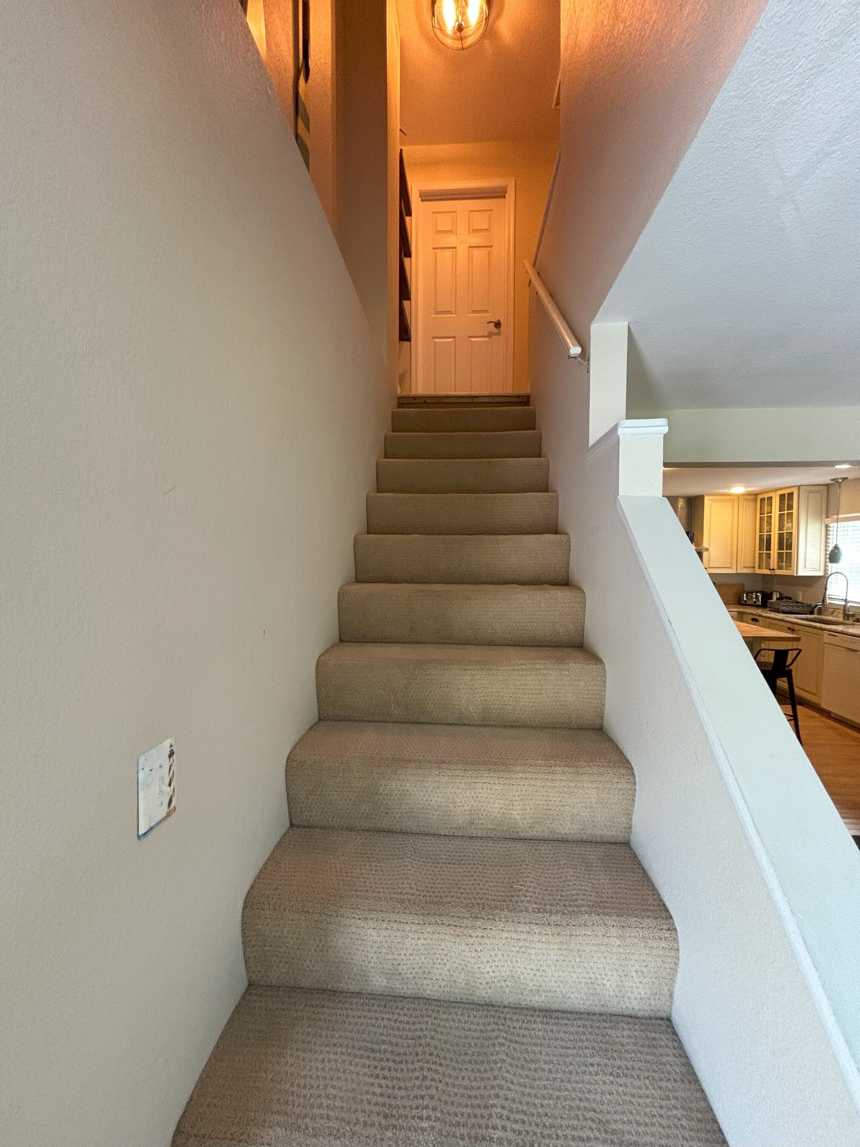 Eine Teppichstufen-Treppe, die zu einer Tür führt.