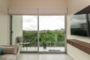 Un balcon avec une porte-fenĂȘtre coulissante, une chaise, un pot de fleurs et un tĂ©lĂ©viseur Ă Ă©cran plat fixĂ© au mur.