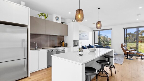 Fridge, oven, dishwasher, coffee/tea maker