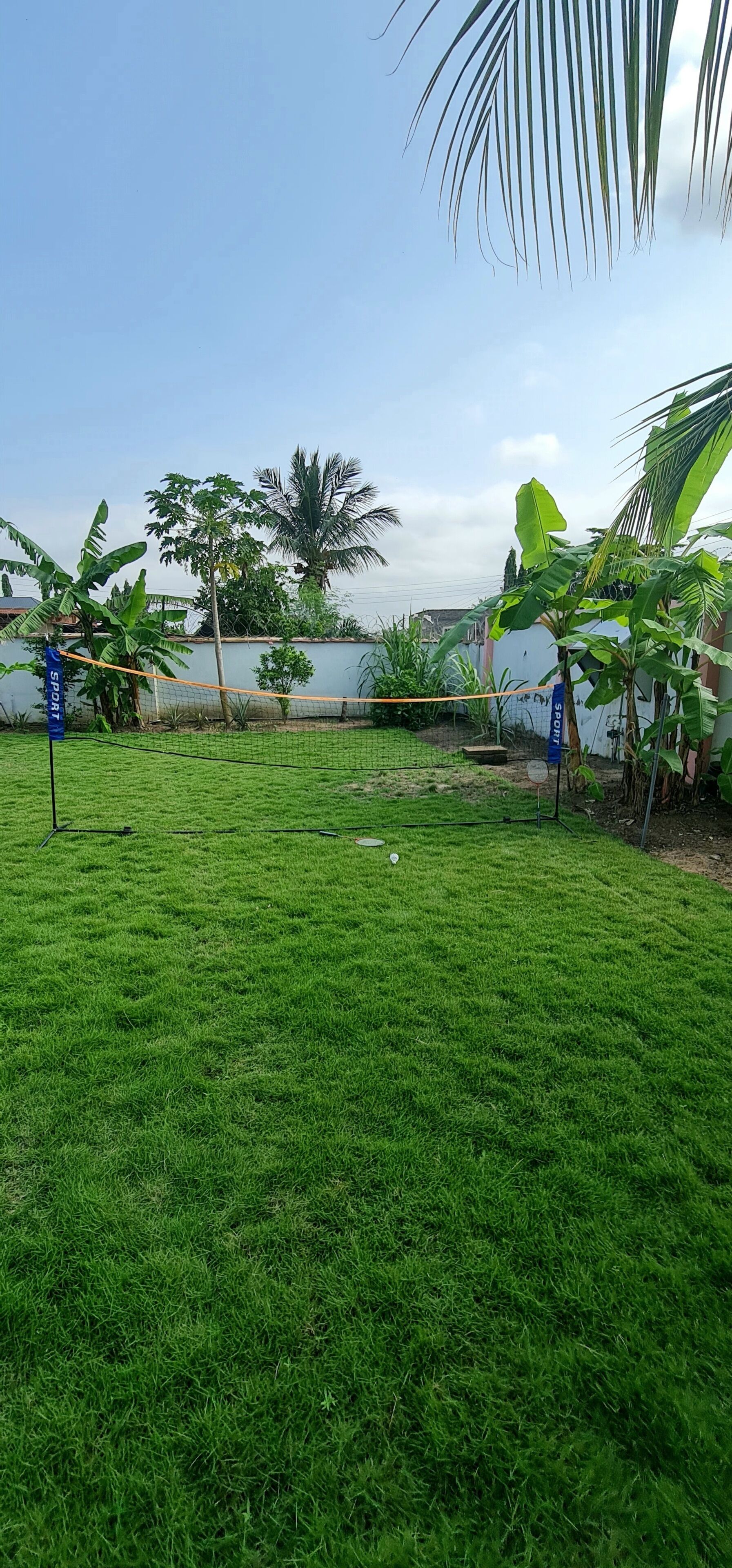 Un área verde bien cuidada con una red de bádminton, rodeada de abundante vegetación y un cielo despejado.