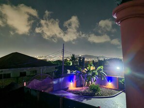 A nighttime view of a residential area with a balcony, a palm tree, and a distant cityscape. - The Charways Lodge (Accra)