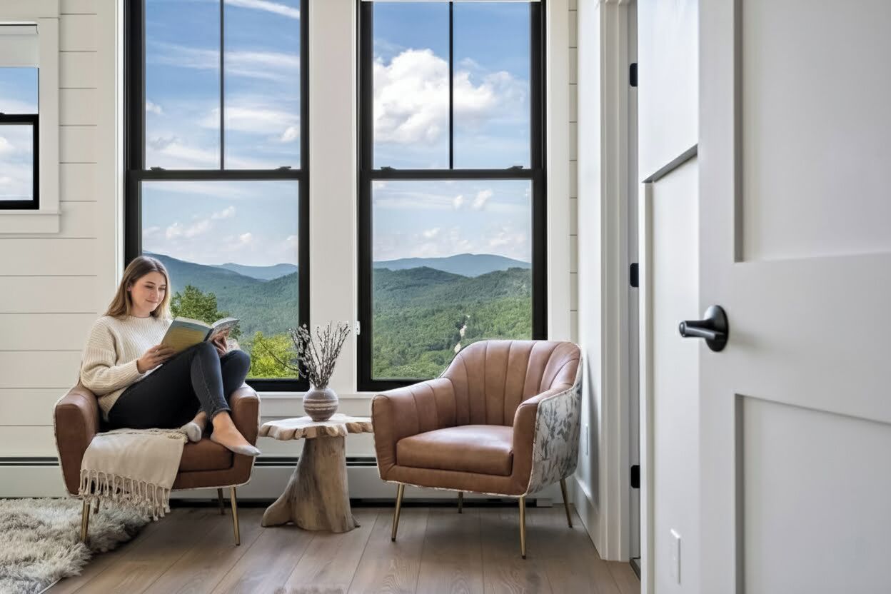 Une pièce avec une grande fenêtre, un fauteuil en cuir marron, une petite table et une personne qui lit un livre.