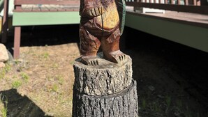 Une sculpture d’ours en bois posée sur un tronc d’arbre, une terrasse en bois et un bâtiment doté d’un toit végétalisé et de fenêtres.