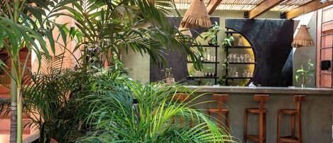 Zona de bar con mostrador de concreto, taburetes de madera y diversas plantas.