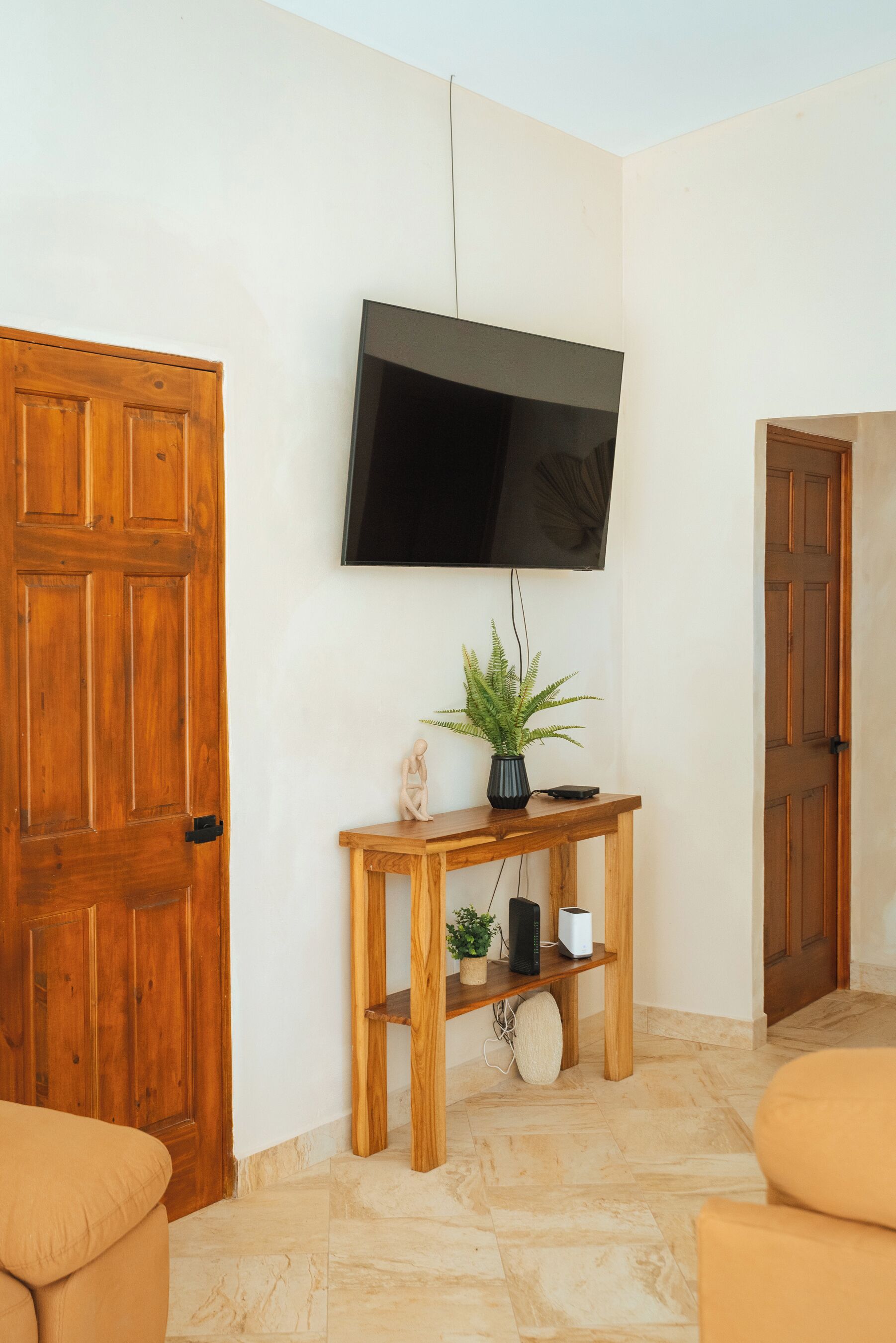 Een kamer met een houten deur, een aan de muur bevestigde televisie, een klein houten console tafeltje met een plant, een witte speaker en een kussen op de vloer.