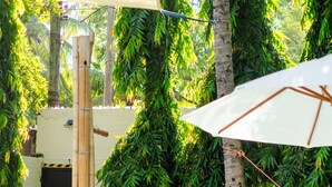 Un área junto a la piscina con sillones de descanso y una sombrilla, rodeada de vegetación y un muro blanco.
