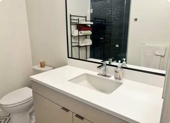 Bathroom features a sink, mirror, glass shower enclosure, and toilet.