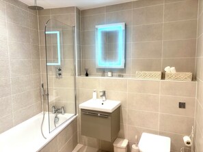 Hair dryer, towels, soap, shampoo