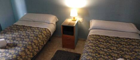 Una habitación con dos camas, cada una con ropa de cama floral, una pequeña mesita de noche con lámpara y una alfombra oscura en el suelo.