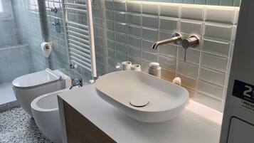 Regadera, secadora de cabello, bidet, toallas