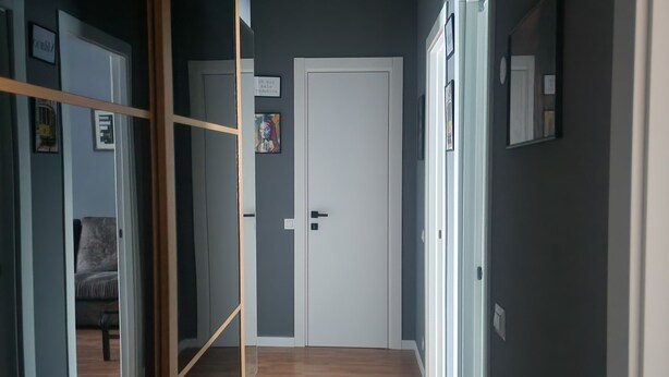 A hallway with a wooden floor, a dark carpet at the entrance, and a white door at the end.