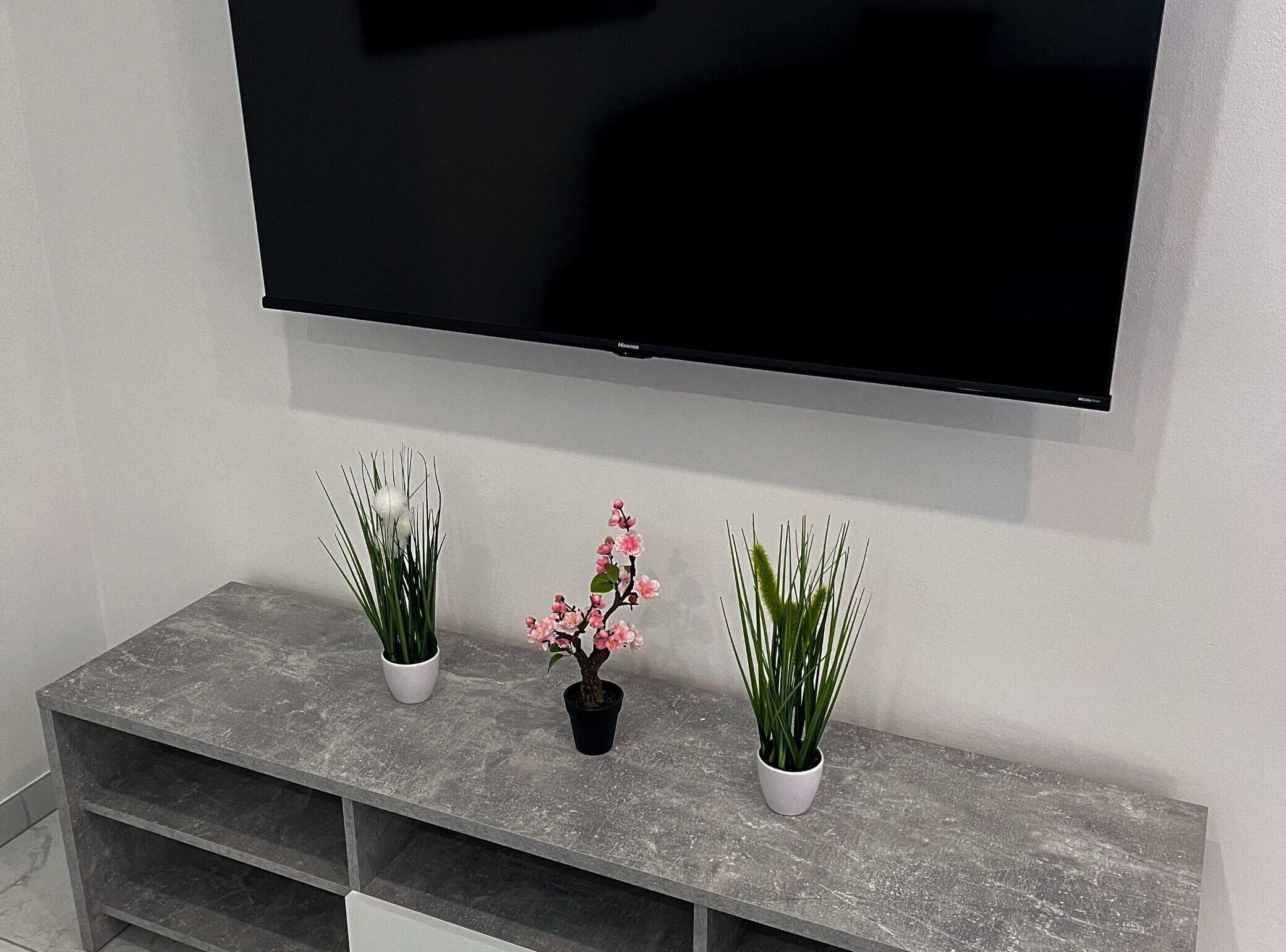 A flat-screen TV mounted on a wall above a grey console with three potted plants.