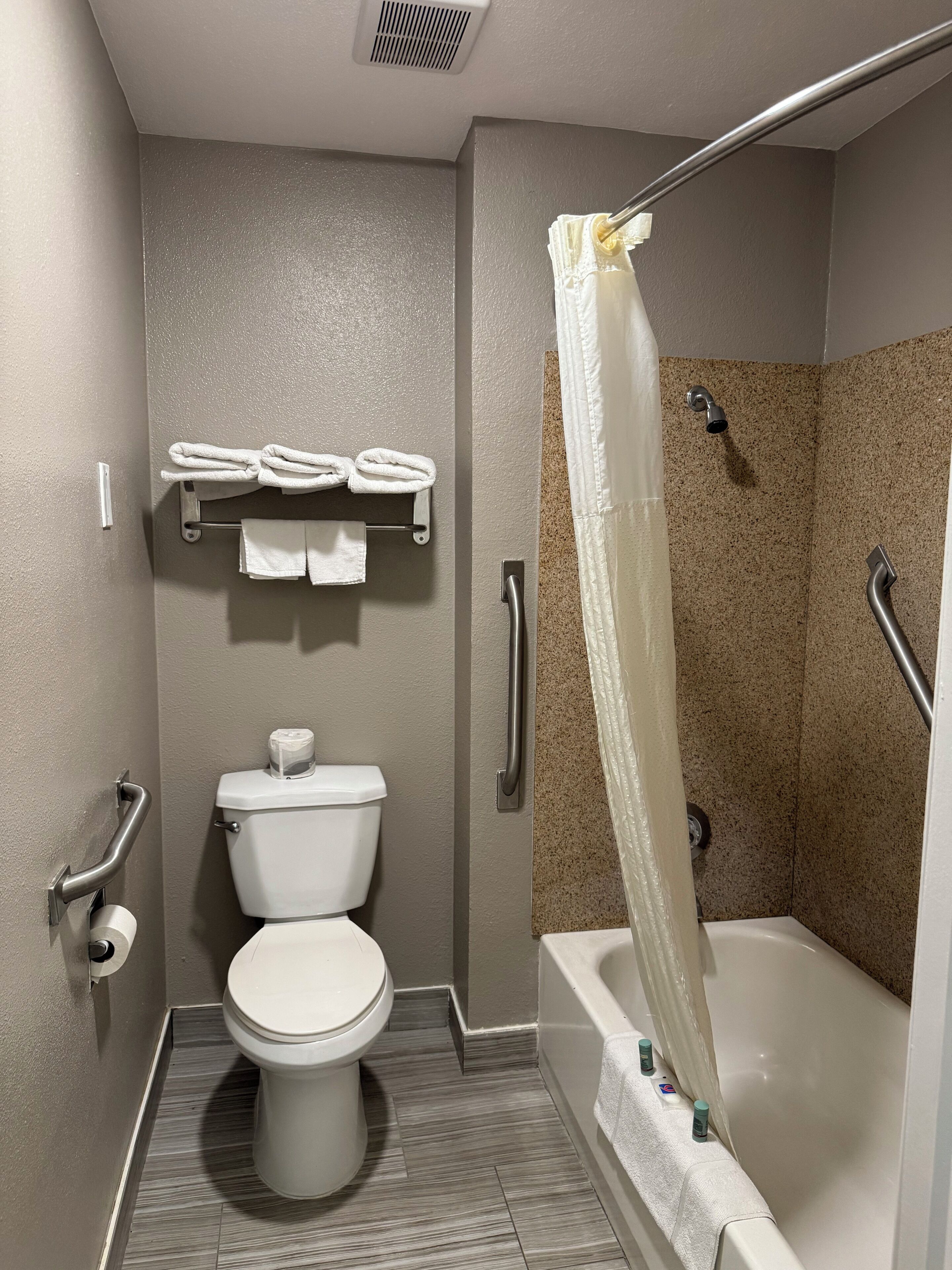 A bathroom with a toilet, a shower with a curtain, a towel rack, and a handrail.