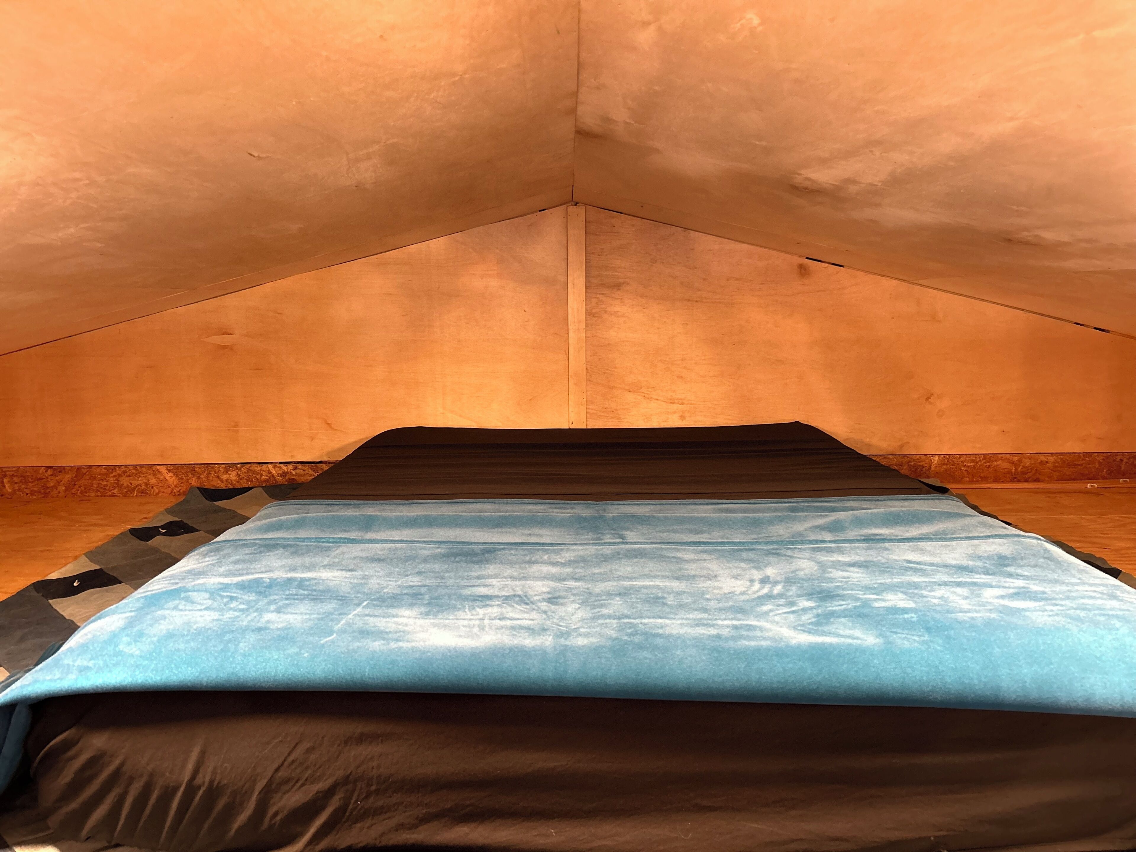A narrow, sloped ceiling room with a bed at the end.