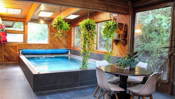 Een houten interieur met een bubbelbad, een eettafel met stoelen en hangplanten.