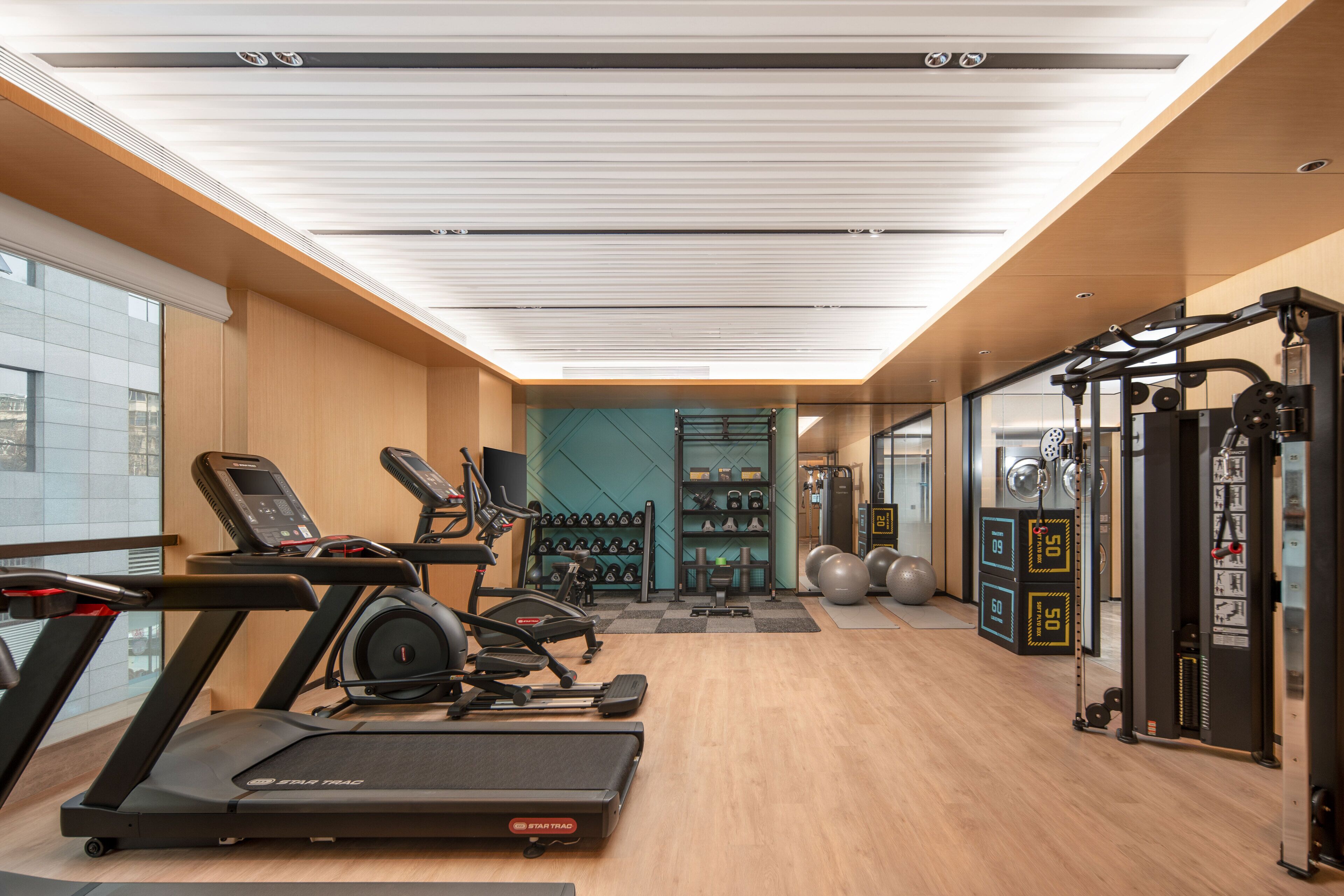Un gimnasio con cintas de correr, elípticas, pesas libres y pelotas de ejercicio.