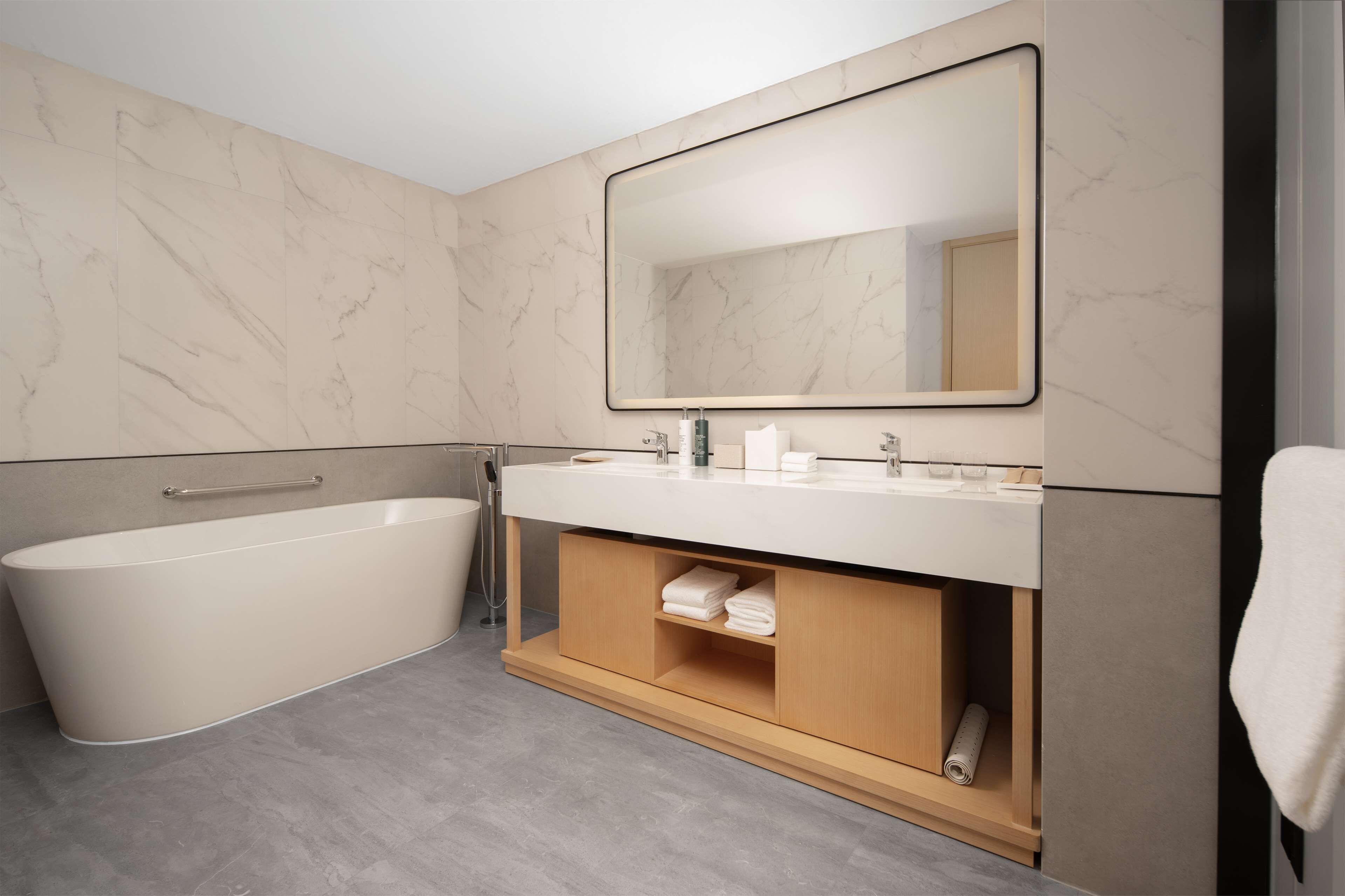 A modern bathroom with a freestanding bathtub, a large mirror, and a vanity with storage.