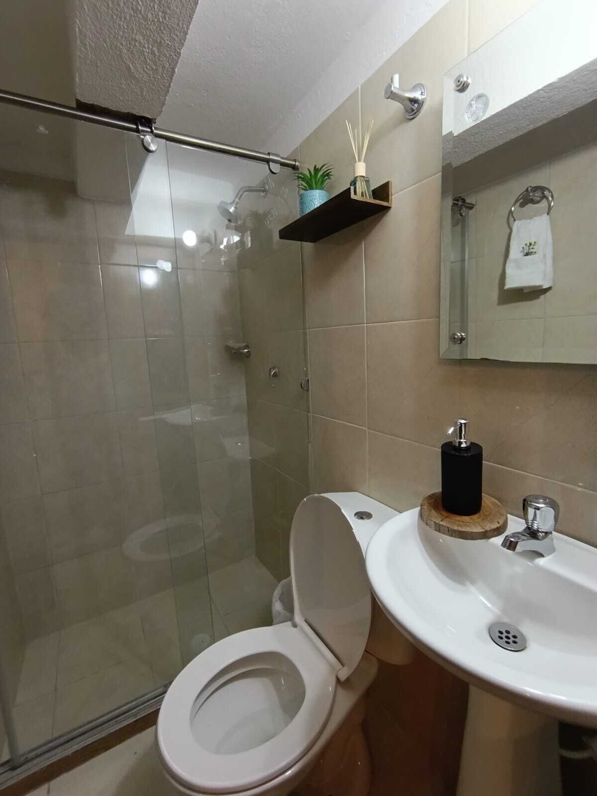 A modern bathroom with a glass shower enclosure, a toilet, and a sink with a wooden base.