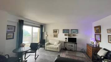 Televisión, reproductor de DVD, libros y estéreo