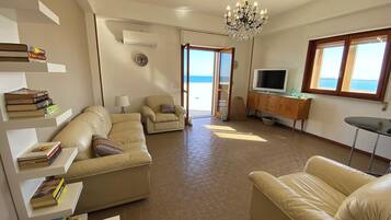 Televisio, kirjoja, tietokoneen näyttö