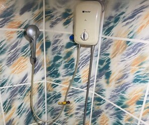 Shower, hair dryer, bidet, towels