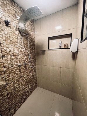 Douche, séchoir à cheveux, serviettes fournies, savon