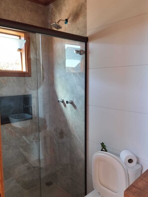 Shower, towels, soap, toilet paper