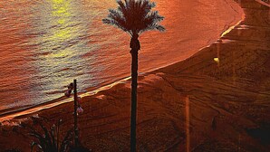 A coastal cityscape at sunset with a beach, palm trees, and buildings. - Beachfront Escape with Spacious Terrace and Stunning Seaview (Torrevieja)