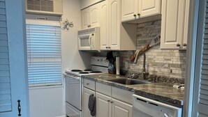 A modern kitchen with white cabinets, a built-in microwave, stove, and dishwasher.