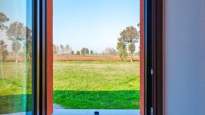 Ein Fenster mit Blick auf ein grünes Feld und Bäume.