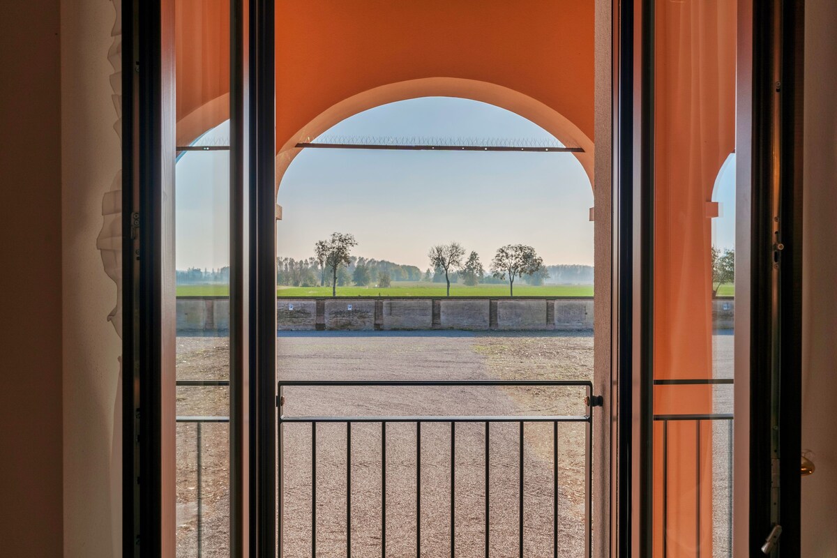 A view through an open door with an archway, leading to a fenced outdoor area with trees and a clear sky.