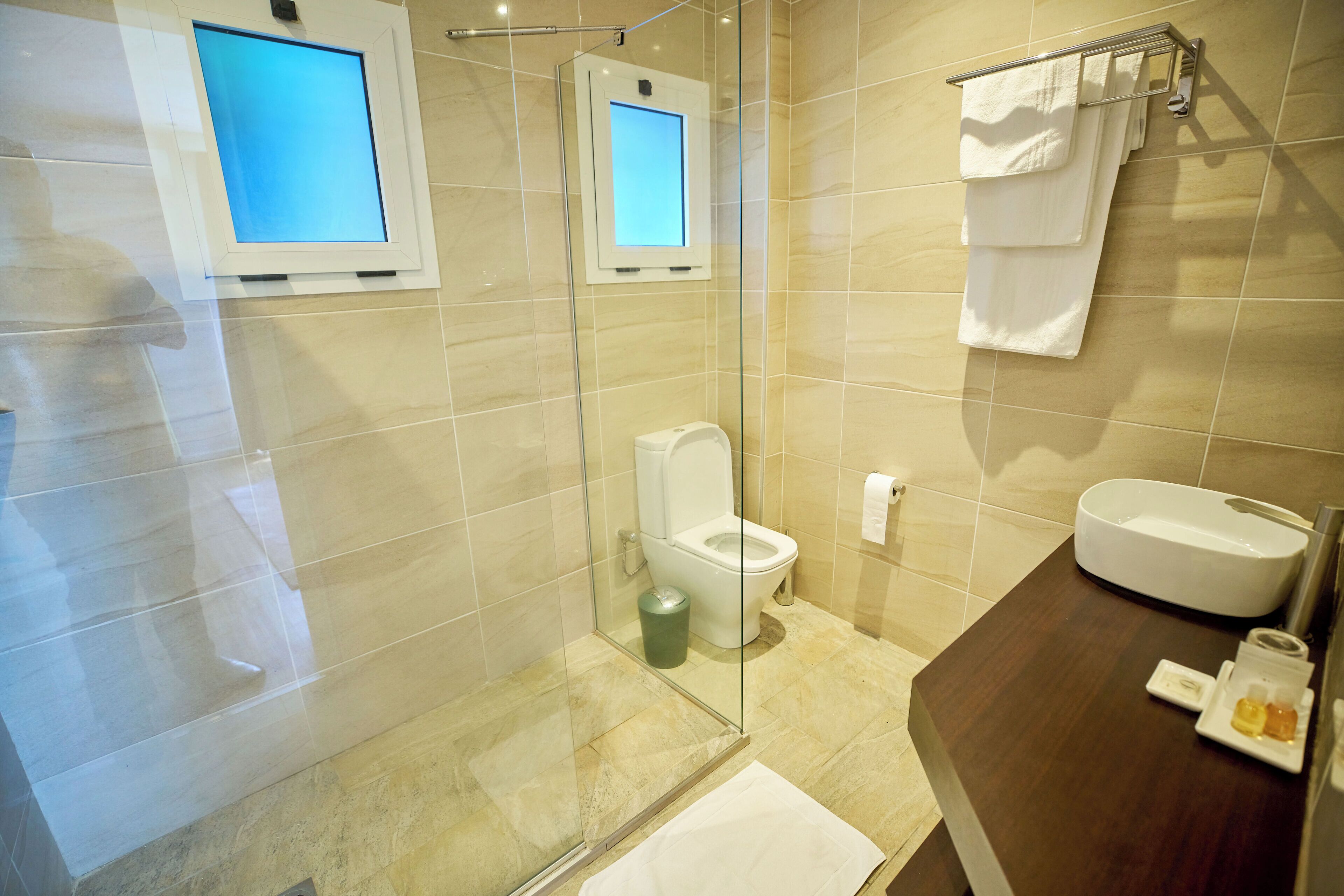 A modern bathroom with a glass-enclosed shower, a toilet, a sink with a mirror, and a towel rack.