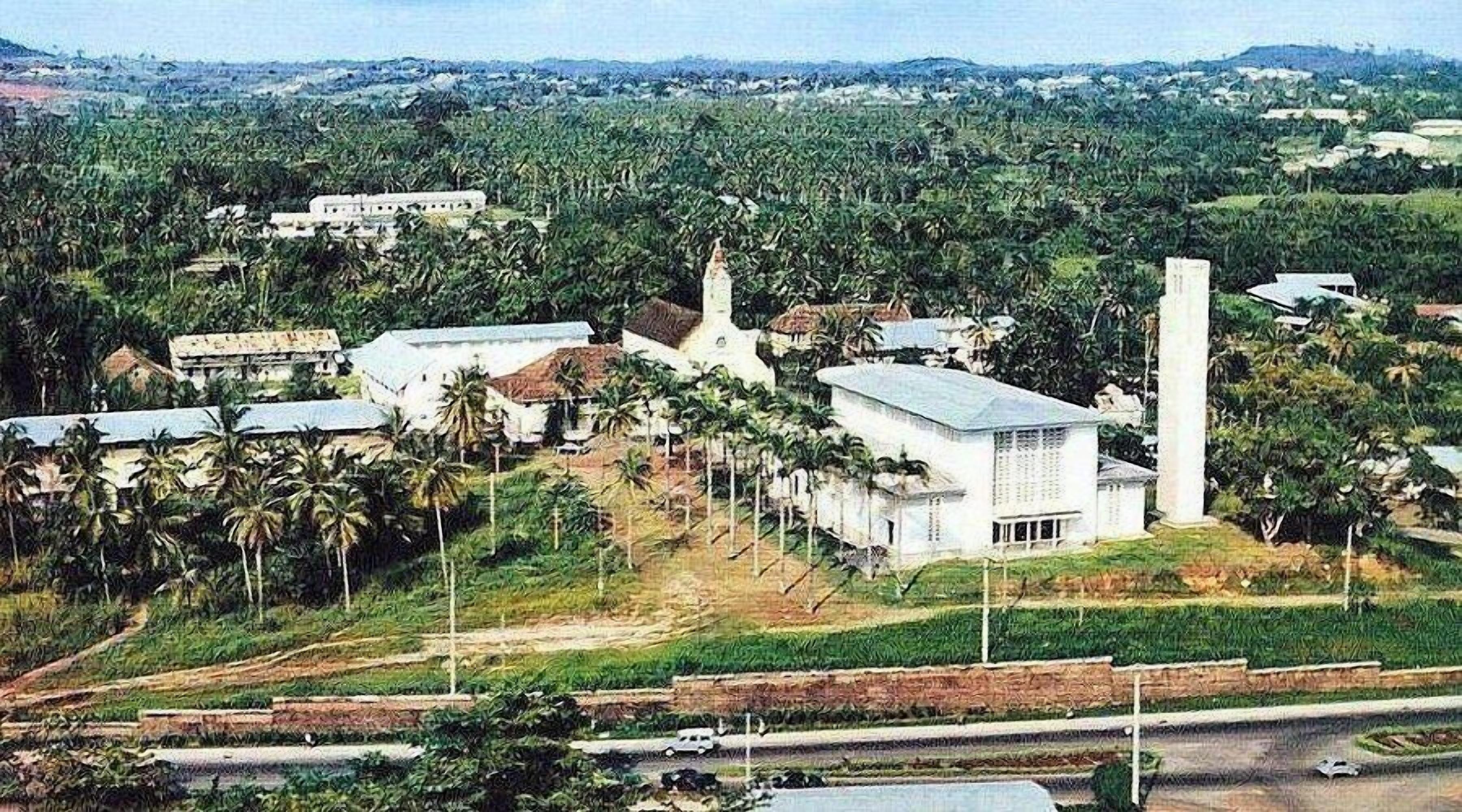 Un grande complesso industriale con diversi edifici, tra cui un alto camino, immerso nel verde e palme.