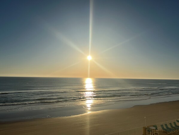 A beach with a sun reflecting on the water, a sandy shore, and a row of green lounge chairs.