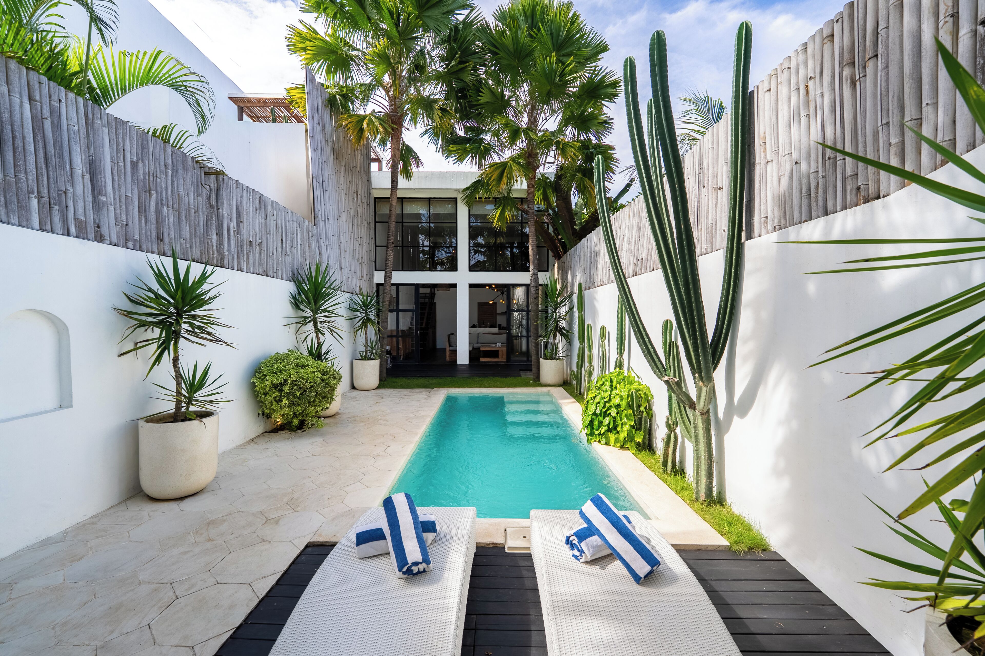 Un espace piscine moderne, agrémenté de deux chaises longues, entouré de cactus et de palmiers, et délimité par une clôture en bois.